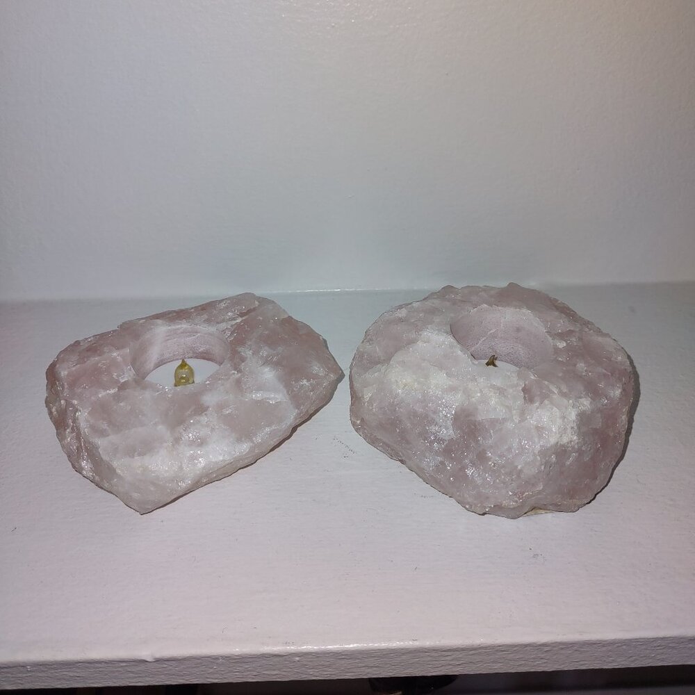 Set of Two Natural Raw Rose Quartz Tea Lights Candle Holders